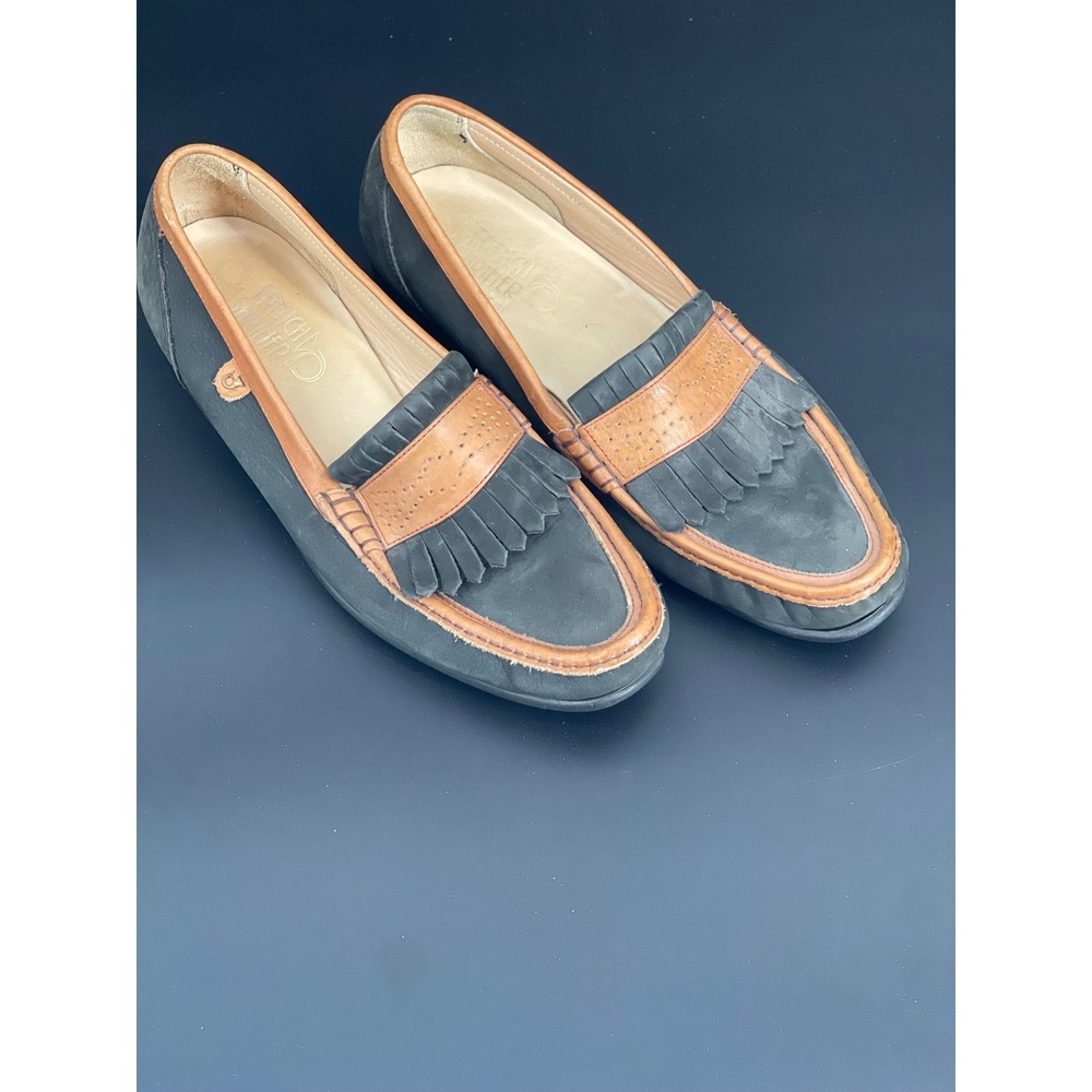 French Shriner Kiltie Loafers Navy Blue Suede Tan Leather Fringe Size 9.5 Good
